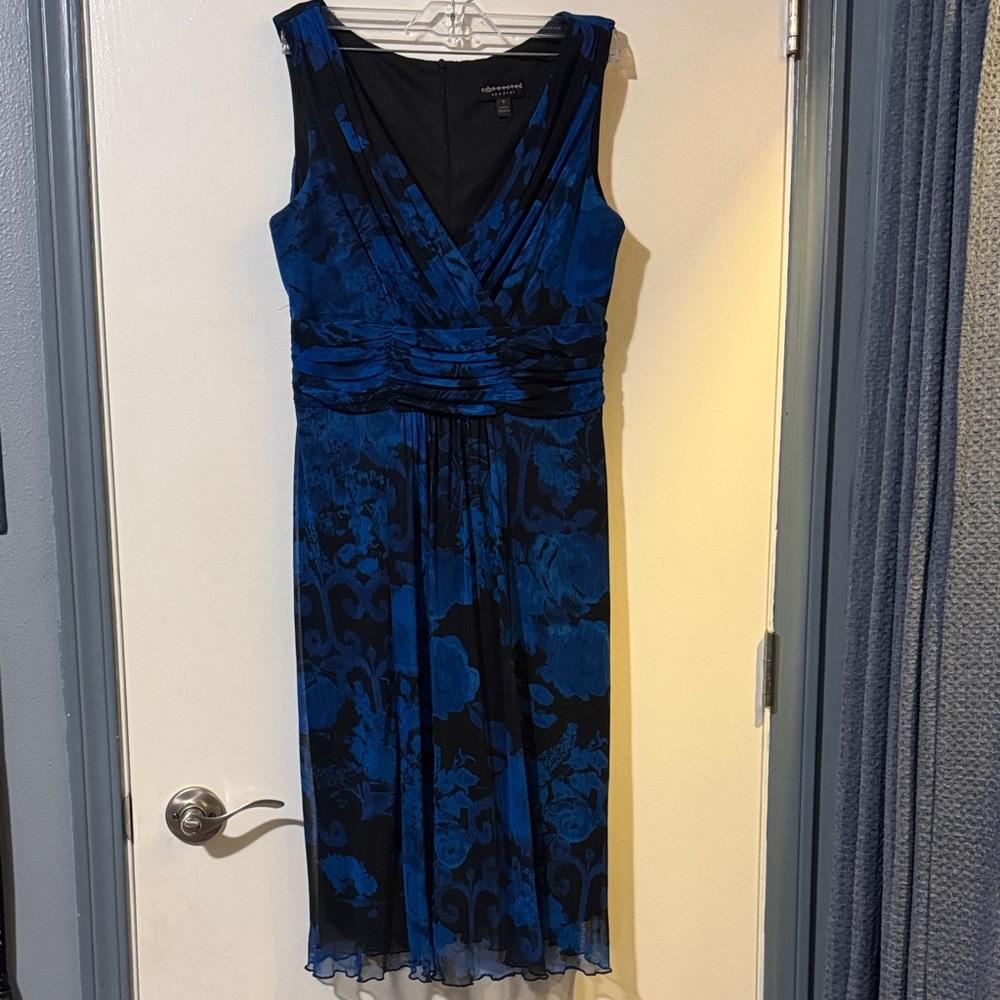 Connected Apparel Blue and Black Floral Midi Dress